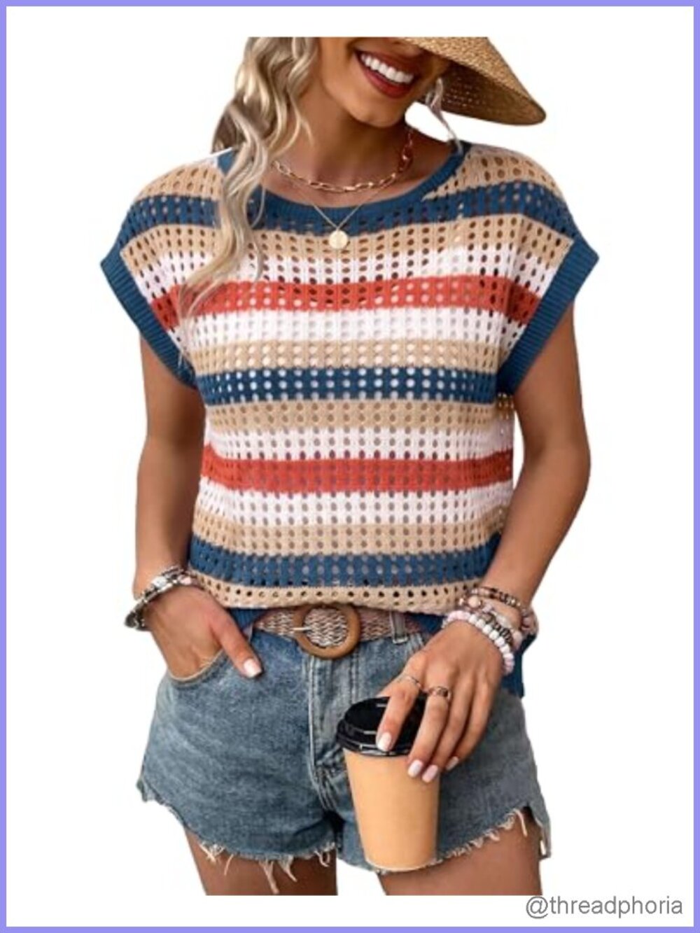 Crochet Cap Sleeve Sweater Cover Up Boho Beach Vacation Swimwear Top